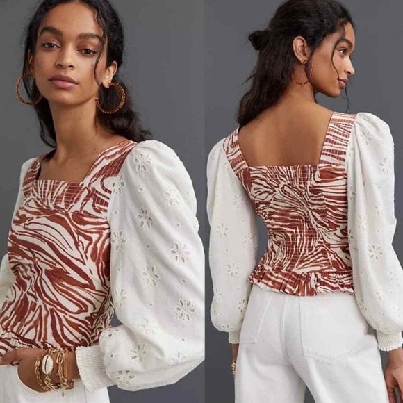 Anthropologie Tops - LOVE THE LABEL Shirt Womens S Cotton Puff Sleeve Top Zebra Eyelet ANTHROPOLOGIE